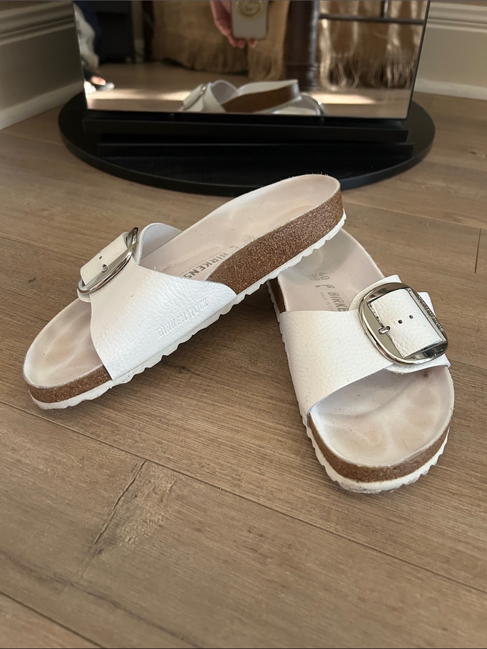 Birkenstock White Single-Buckle Cork Slide Sandals